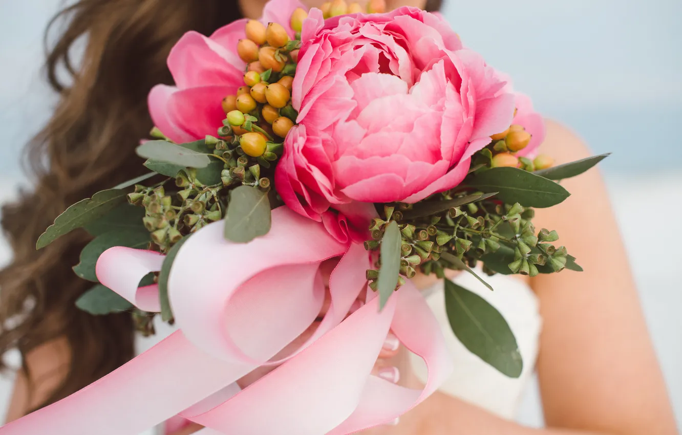 Photo wallpaper bouquet, tape, peonies