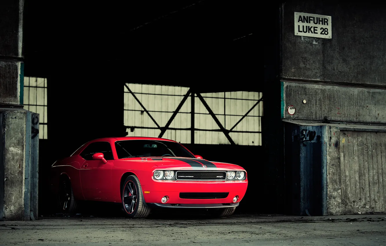 Photo wallpaper garage, red, concrete, Dodge Challenger SRT8