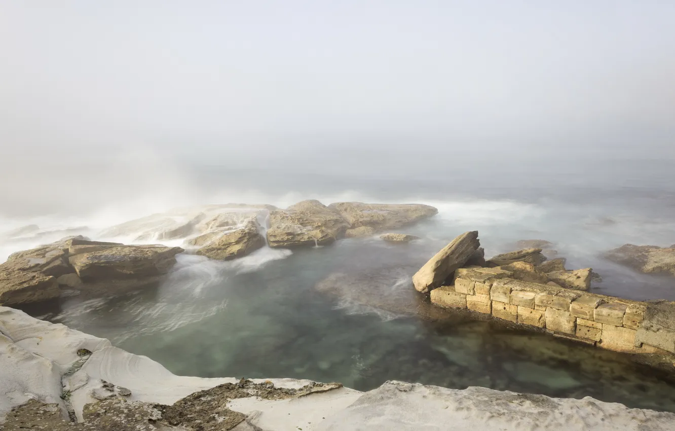 Photo wallpaper sea, landscape, fog, stones