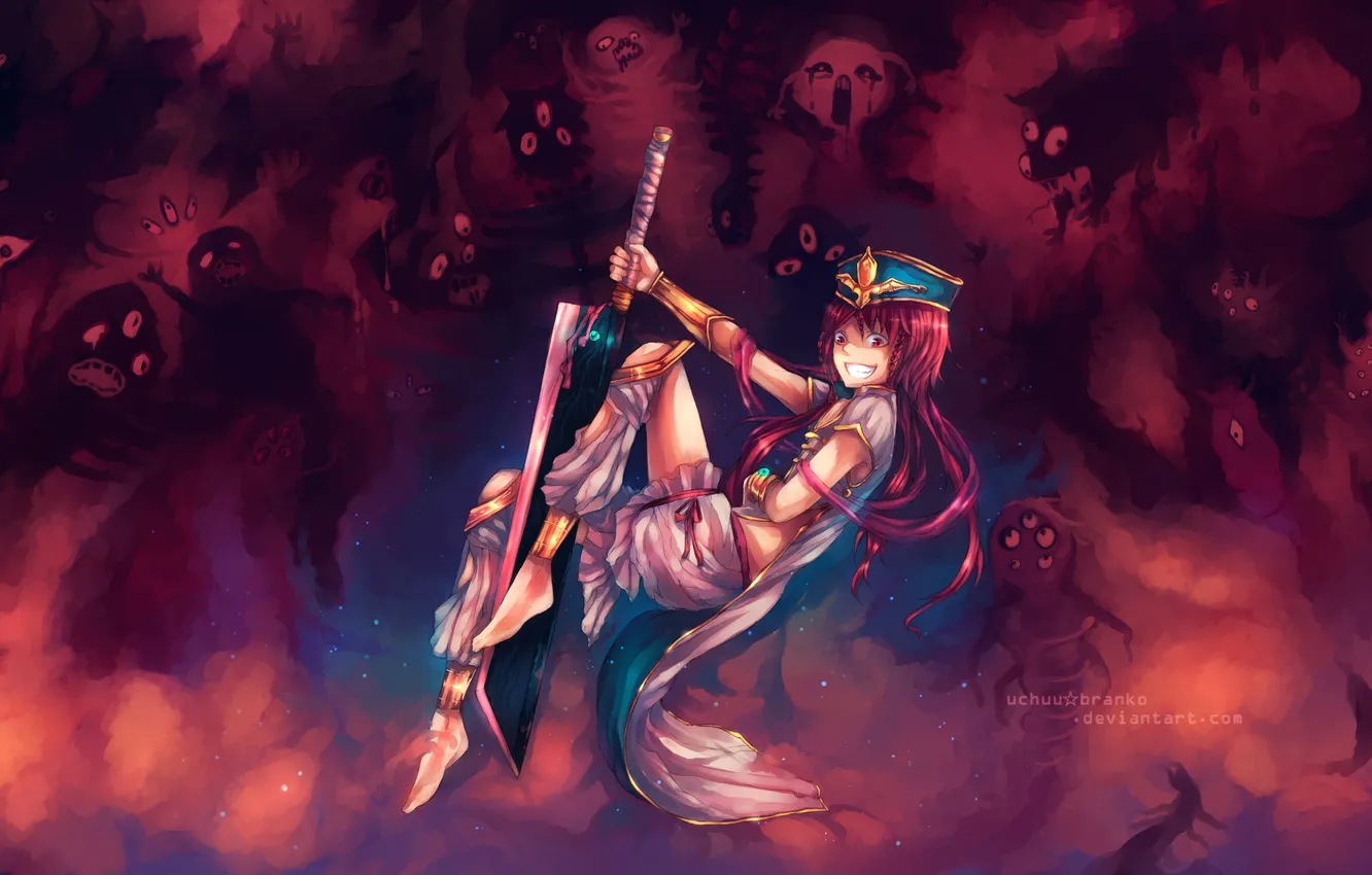 Photo wallpaper girl, smile, sword, Ghost, curls, uchuubranko