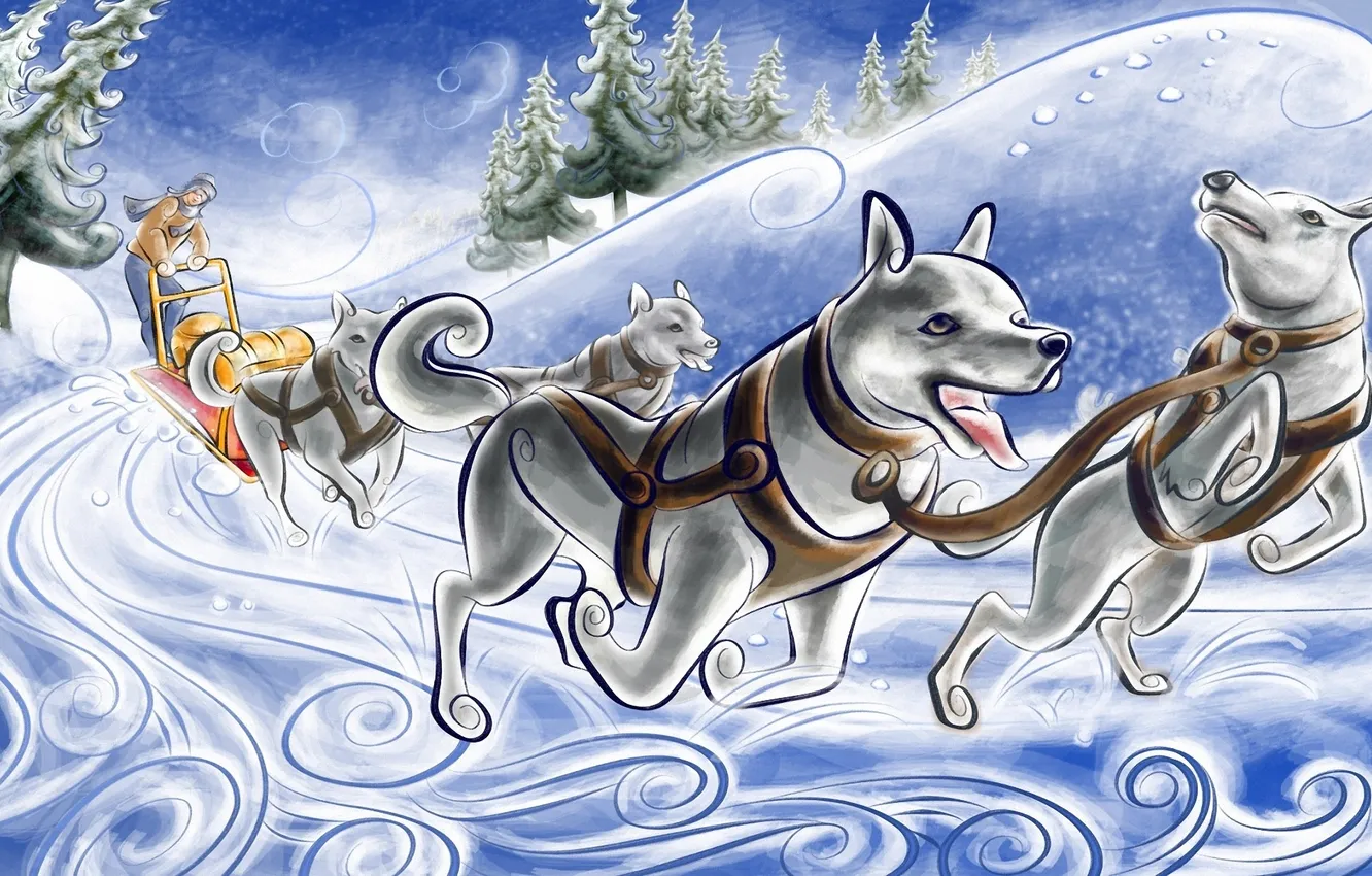 Photo wallpaper winter, snow, the wind, people, tree, team, trip, Laika