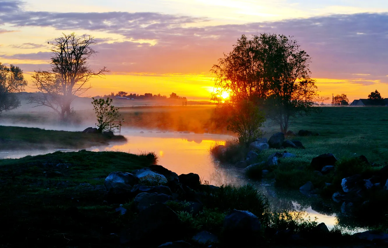 Photo wallpaper sunset, fog, Rosa, river, stream, morning, Zori, wchar