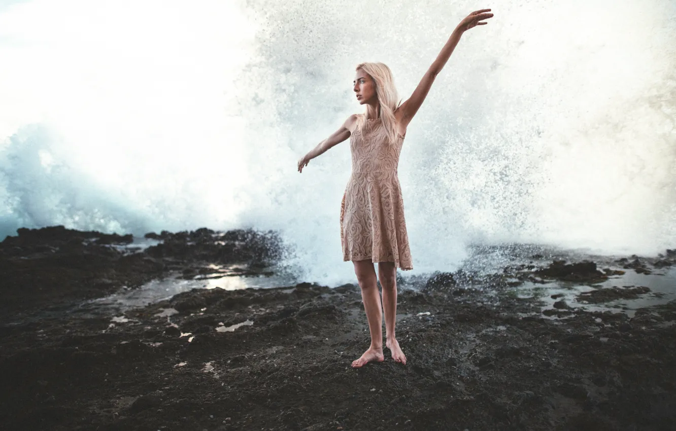 Photo wallpaper girl, waterfall, dress