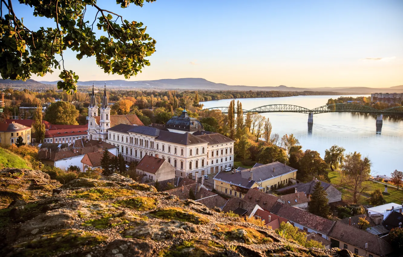 Photo wallpaper bridge, river, building, Hungary, Esztergom, Basilica Of St. Adalbert