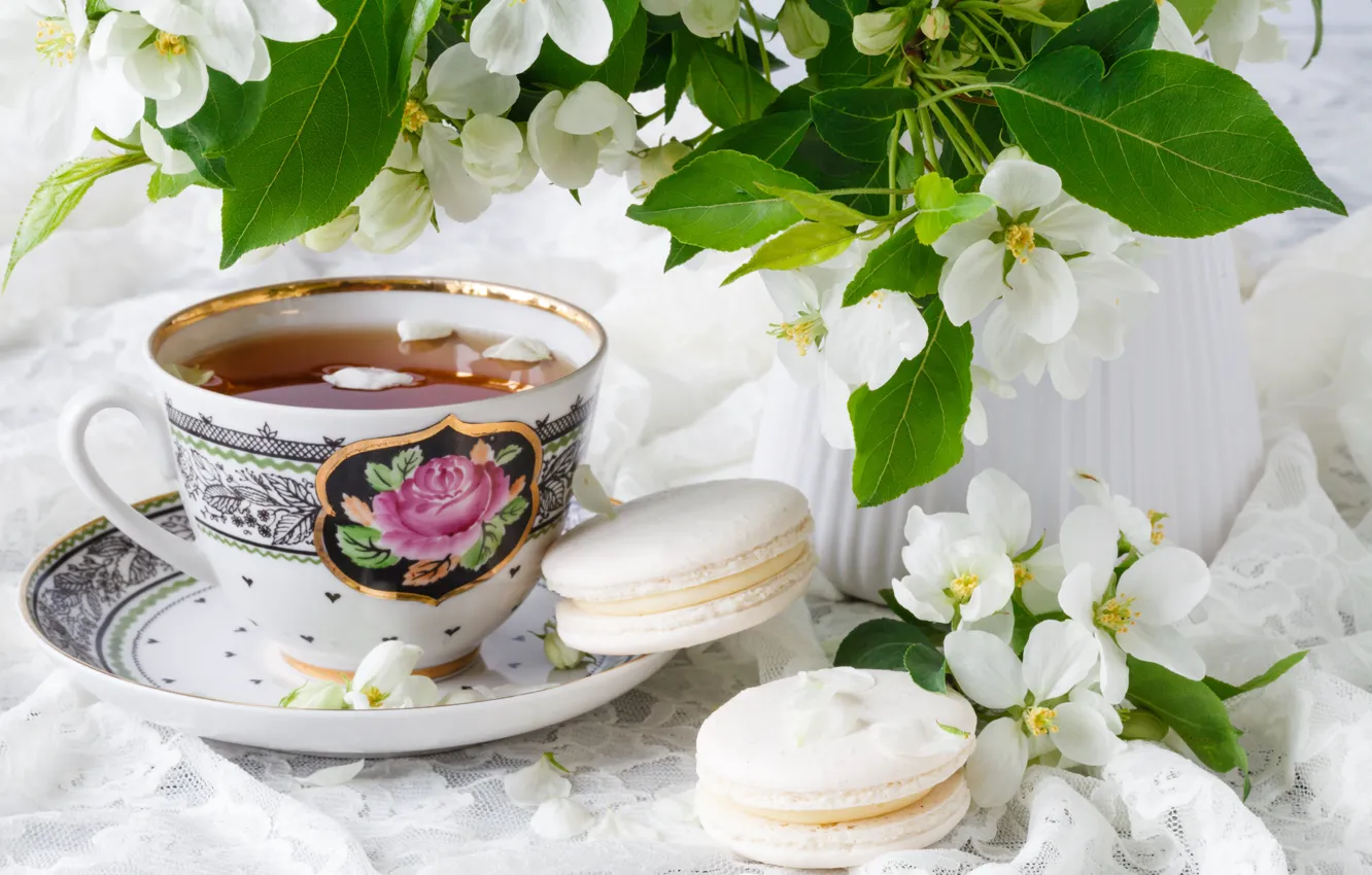Photo wallpaper leaves, flowers, tea, spring, fabric, macaroon