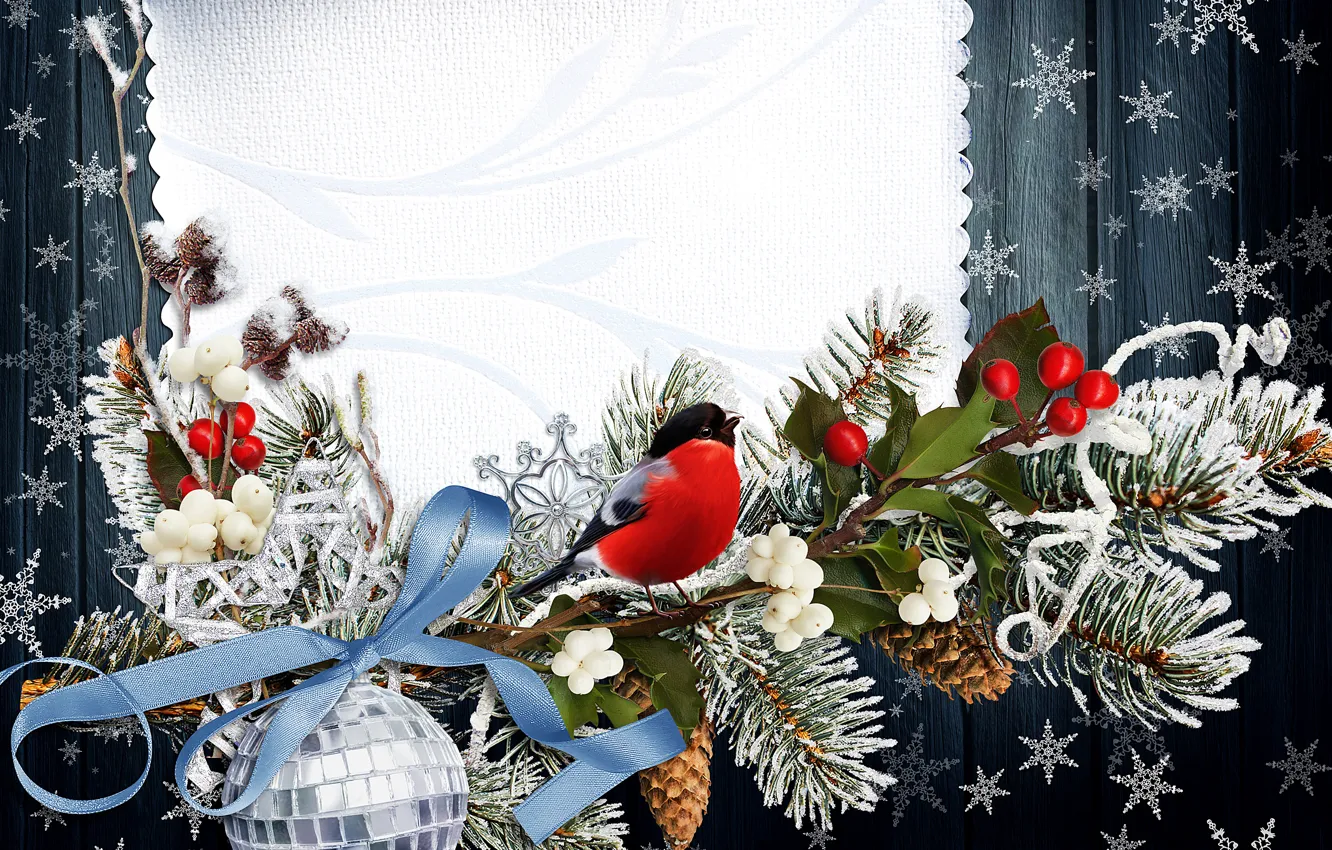 Photo wallpaper winter, snowflakes, bird, branch, New year, bullfinch, bird, New Year