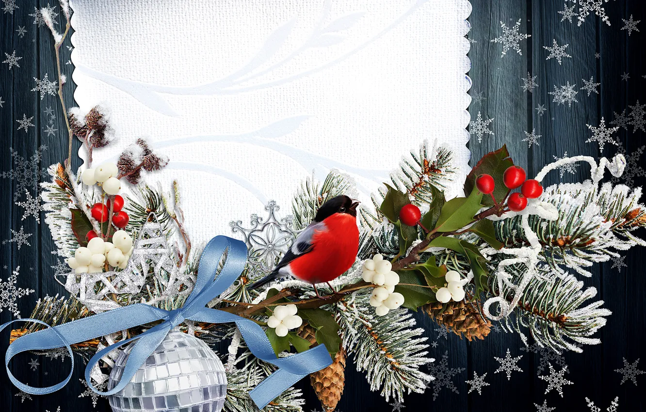 Photo wallpaper winter, snowflakes, branches, bird, new year, bullfinch, bird, New Year