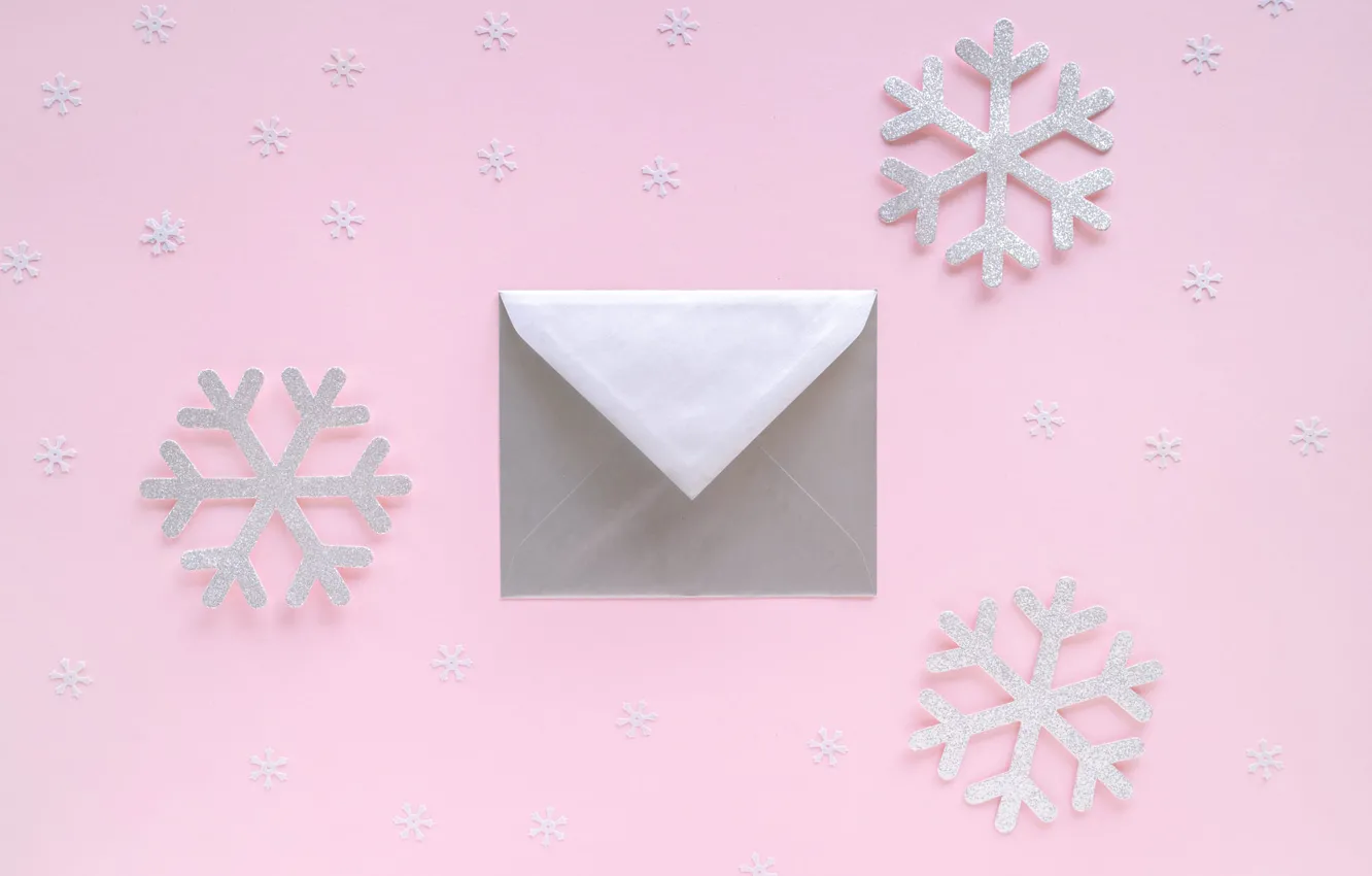 Photo wallpaper winter, snowflakes, holiday, Christmas, New year, pink background, the envelope, Christmas decorations