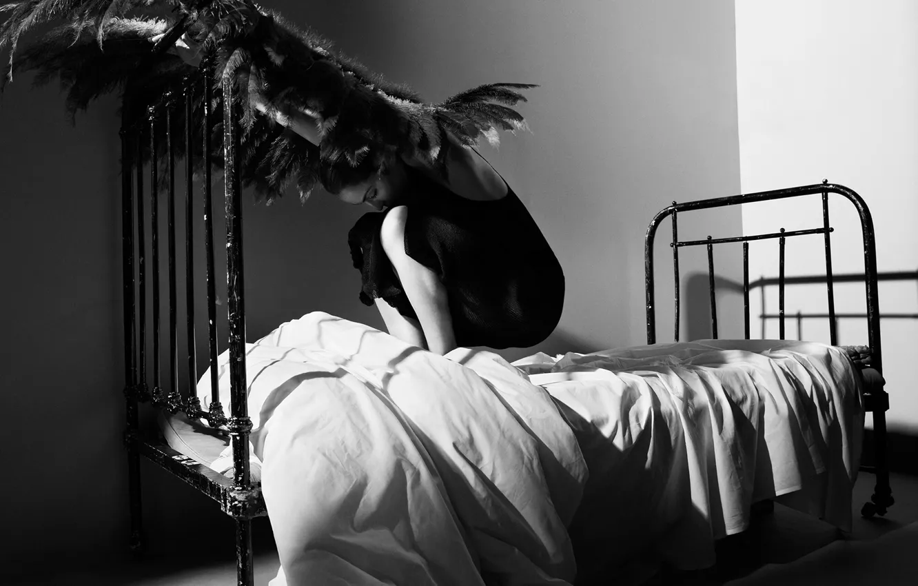 Photo wallpaper pose, bed, wings, feathers, actress, photographer, bed, black and white