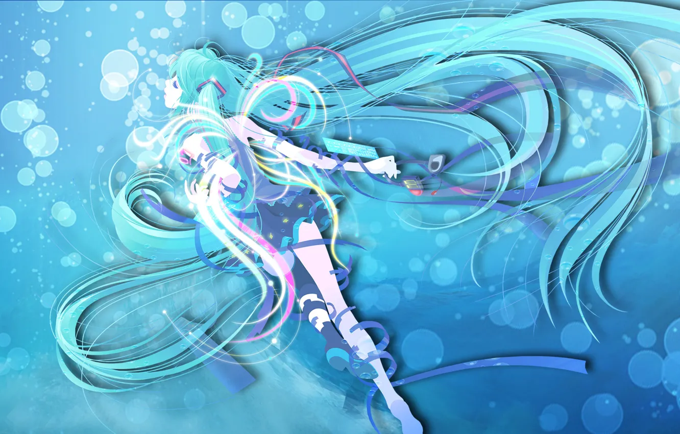 Photo wallpaper sea, water, girl, bubbles, blue hair, Miku, Wallpaper anime, the wings on the Desk