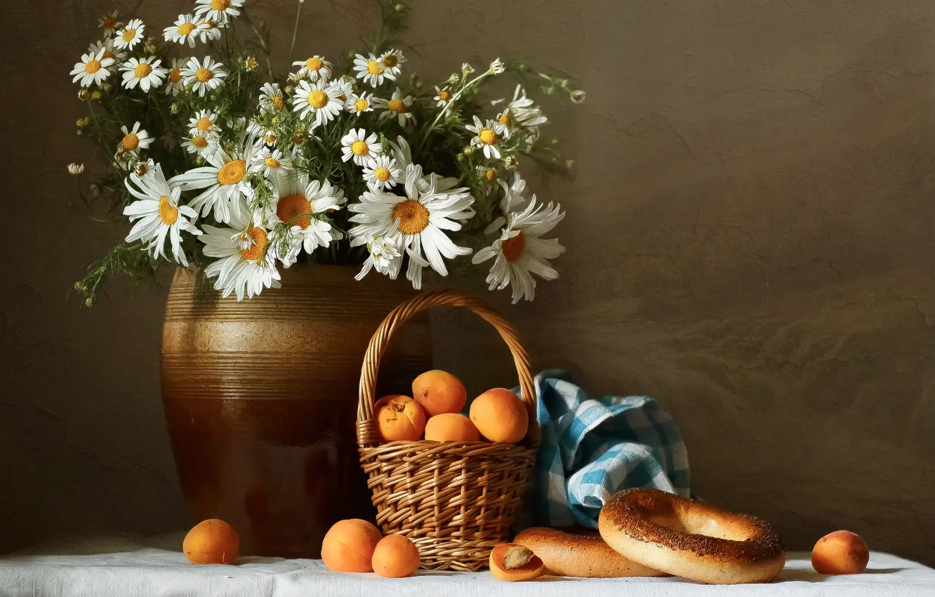 Photo wallpaper flowers, chamomile, towel, bouquet, white, still life, pot, bagels