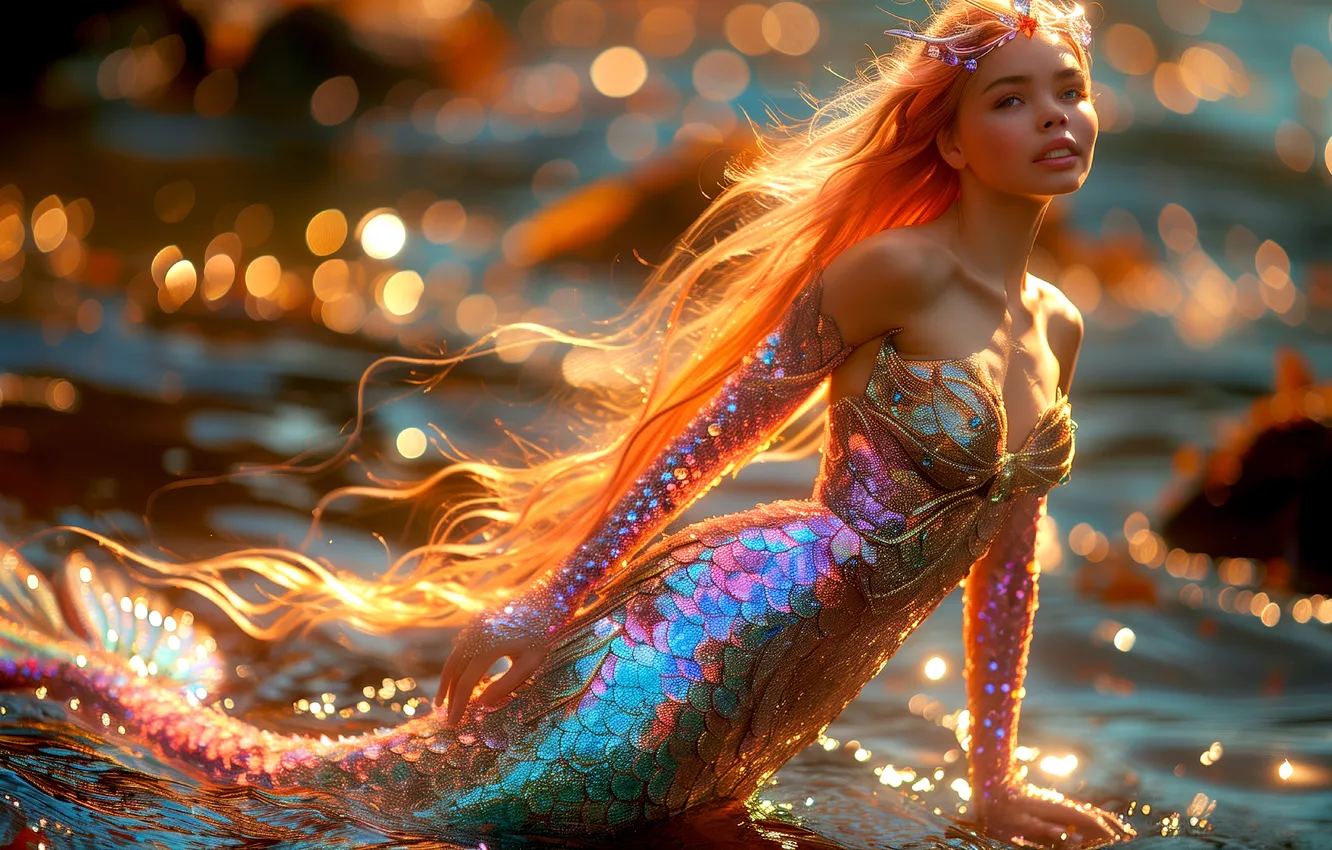 Photo wallpaper look, water, girl, hair, mermaid, tail, digital art, AI art