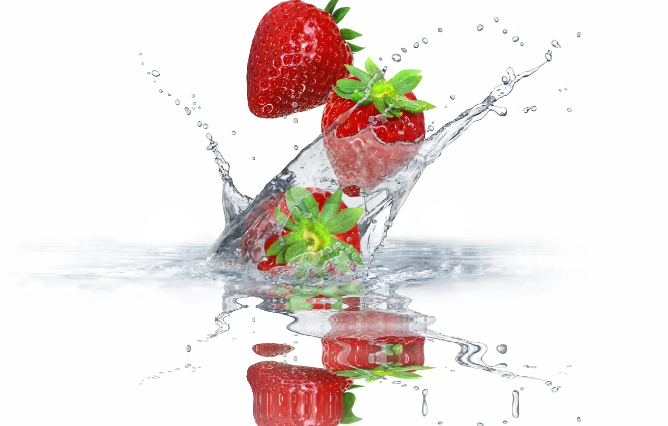 Photo wallpaper water, squirt, berries, strawberry, fresh, water, splash, drops