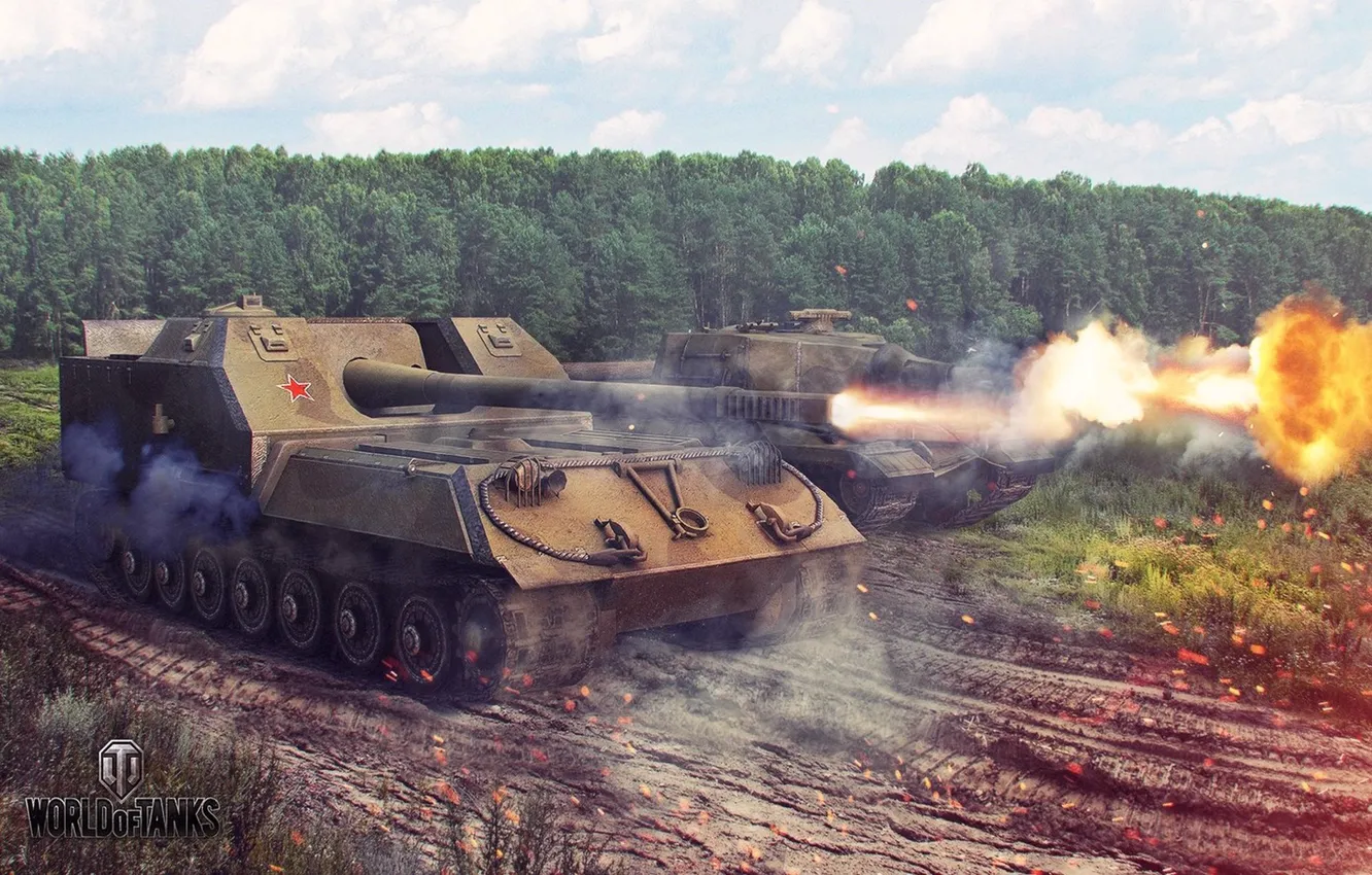 Photo wallpaper forest, weapons, fire, flame, shot, Tanks, World of tanks, wot