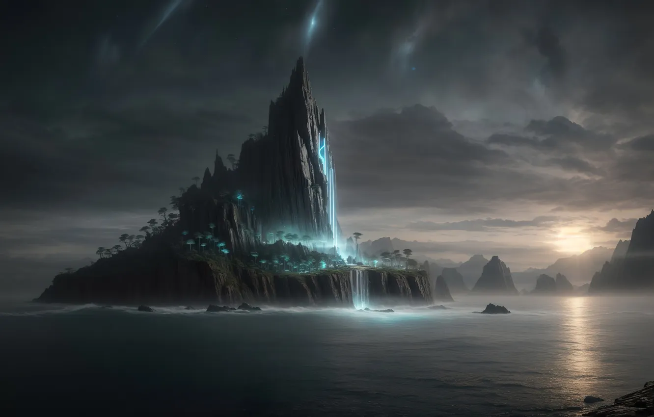 Photo wallpaper sea, sunset, island, mysterious, digital art, art work Razor127, unusual glow, AI ART