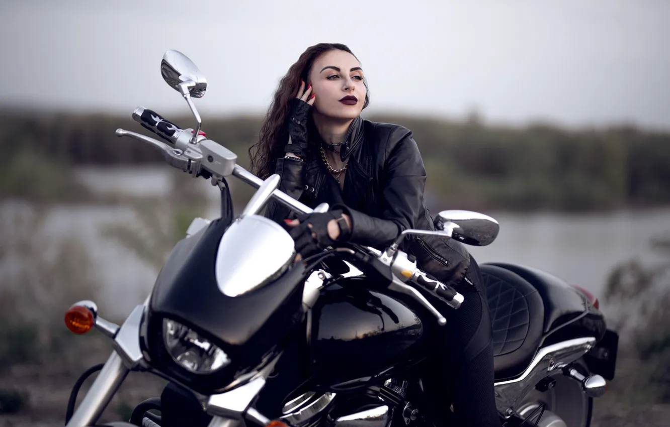 Photo wallpaper girl, sky, nature, motorcycle, model, brunette, jacket, leather jacket