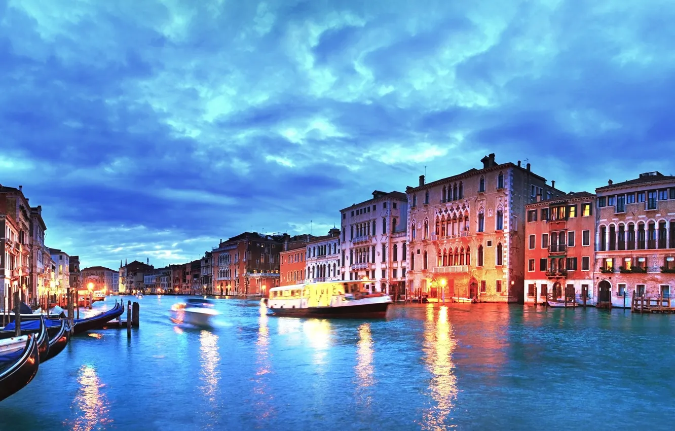 Photo wallpaper sunset, city, the city, lights, the evening, Italy, Venice, channel