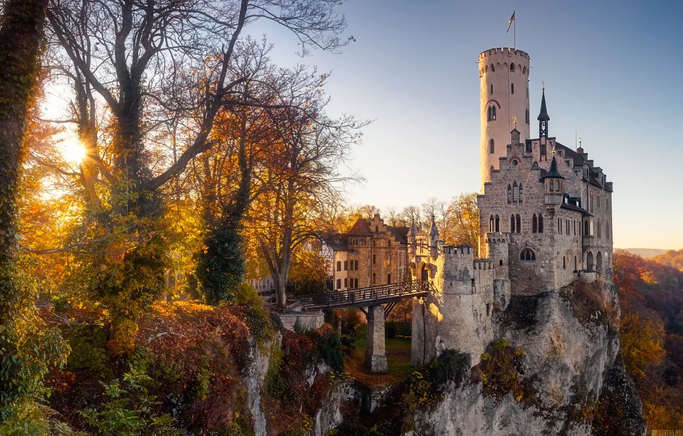 Photo wallpaper autumn, the sun, trees, castle, Germany