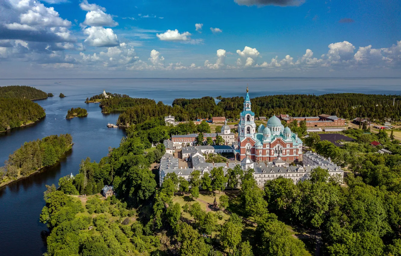Photo wallpaper forest, lake, temple, Russia, the monastery, Lake Ladoga, Karelia, Spaso-Preobrazhensky Cathedral