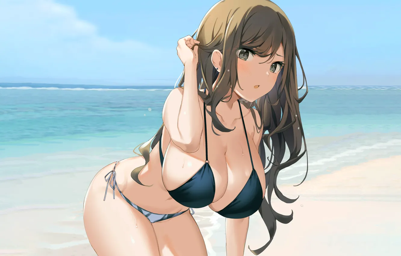 Photo wallpaper girl, sexy, cleavage, beach, long hair, sea, brown hair, brown eyes