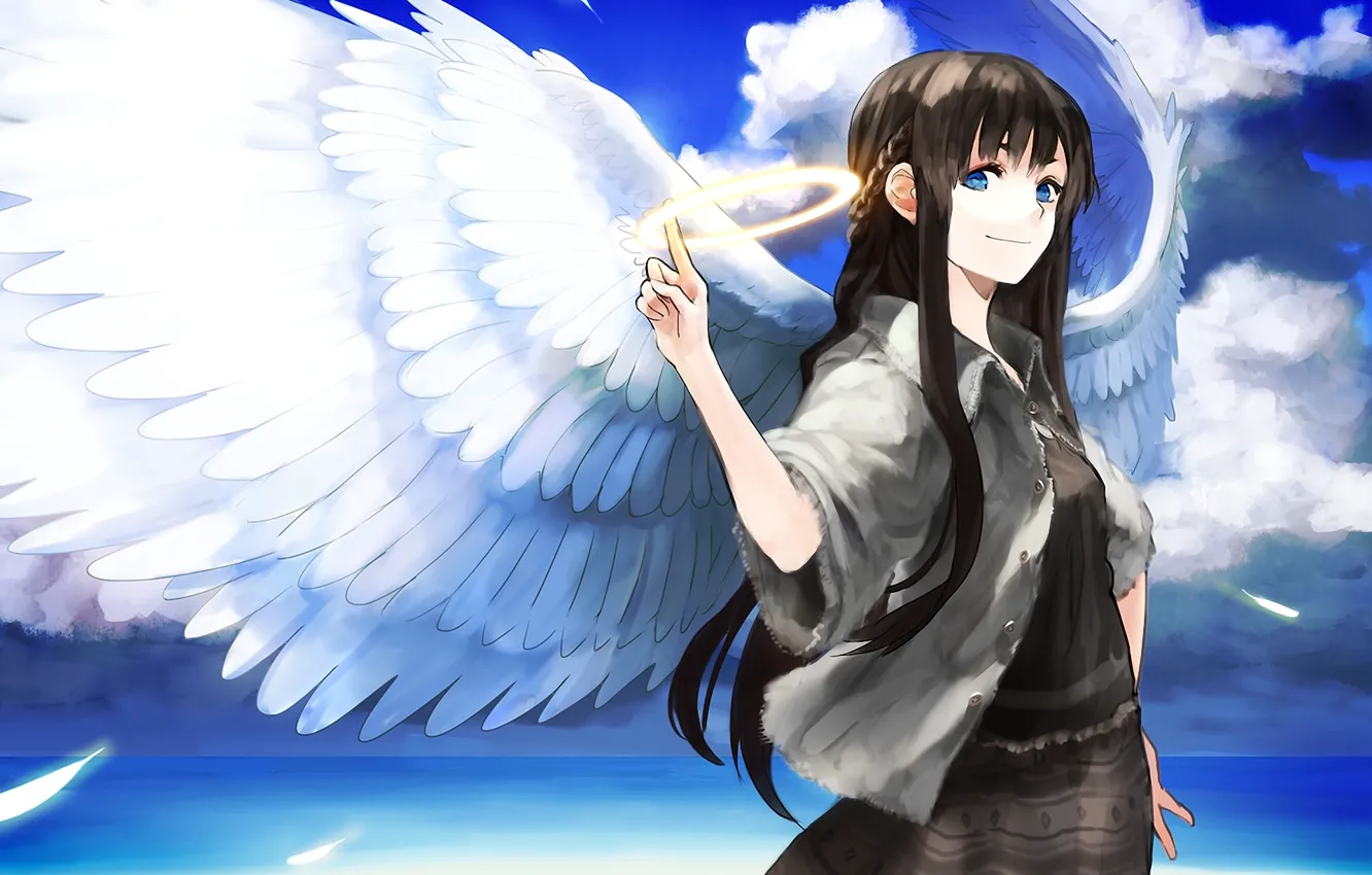 Photo wallpaper sea, girl, clouds, wings, angel, art, halo, chirigami-san