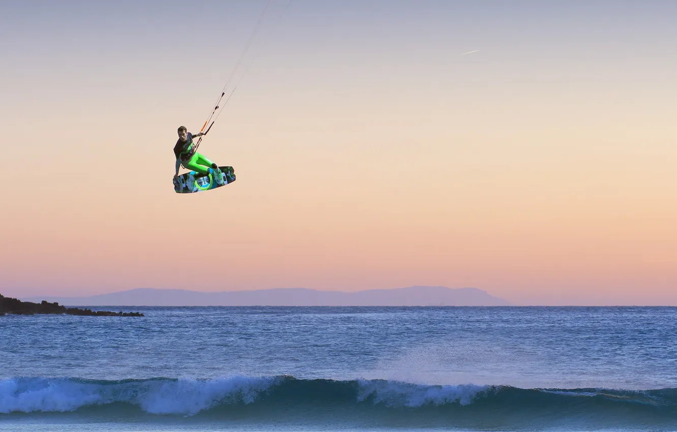 Photo wallpaper sea, wave, the sky, flight, sunset, island, horizon, extreme sports