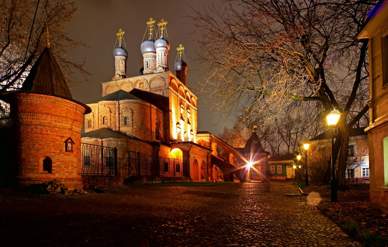 Photo wallpaper night, street, tower, lights, Moscow, Krutitsy metochion