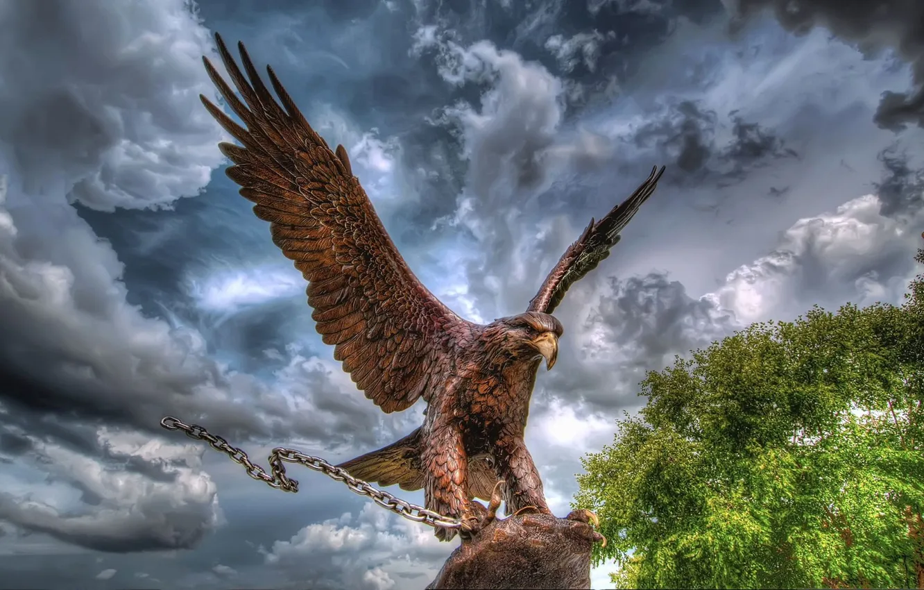 Photo wallpaper the sky, clouds, metal, eagle, chain, sculpture