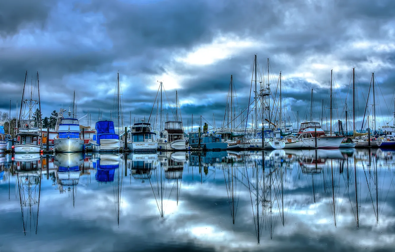 Photo wallpaper sea, the sky, clouds, clouds, boat, Marina, Bay, yacht