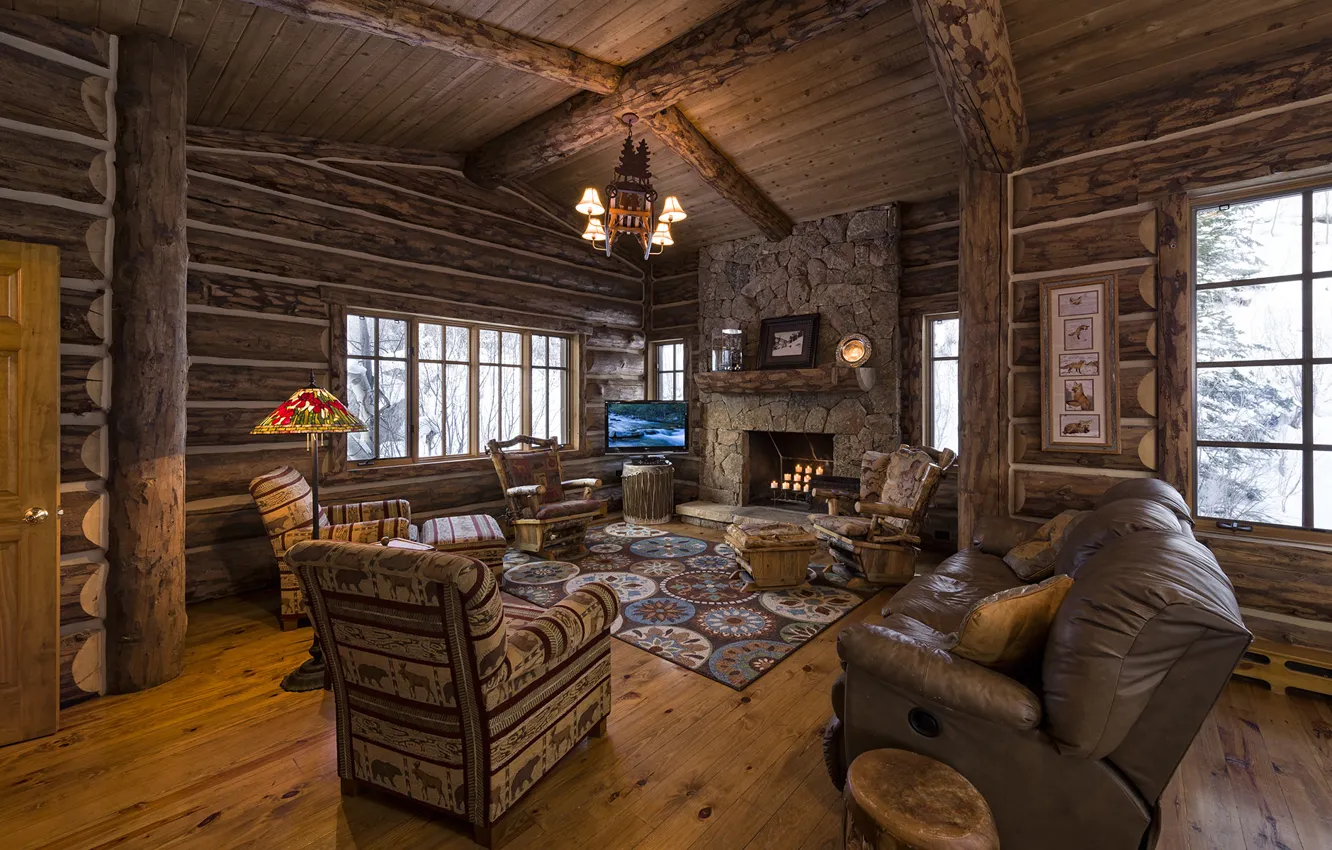 Photo wallpaper wooden, living room, home, luxury, colorado, blue sky lodge