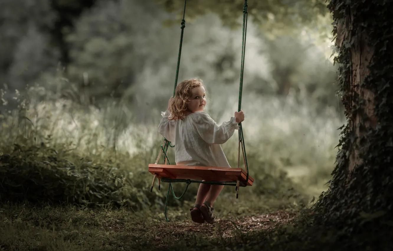 Photo wallpaper trees, swing, girl