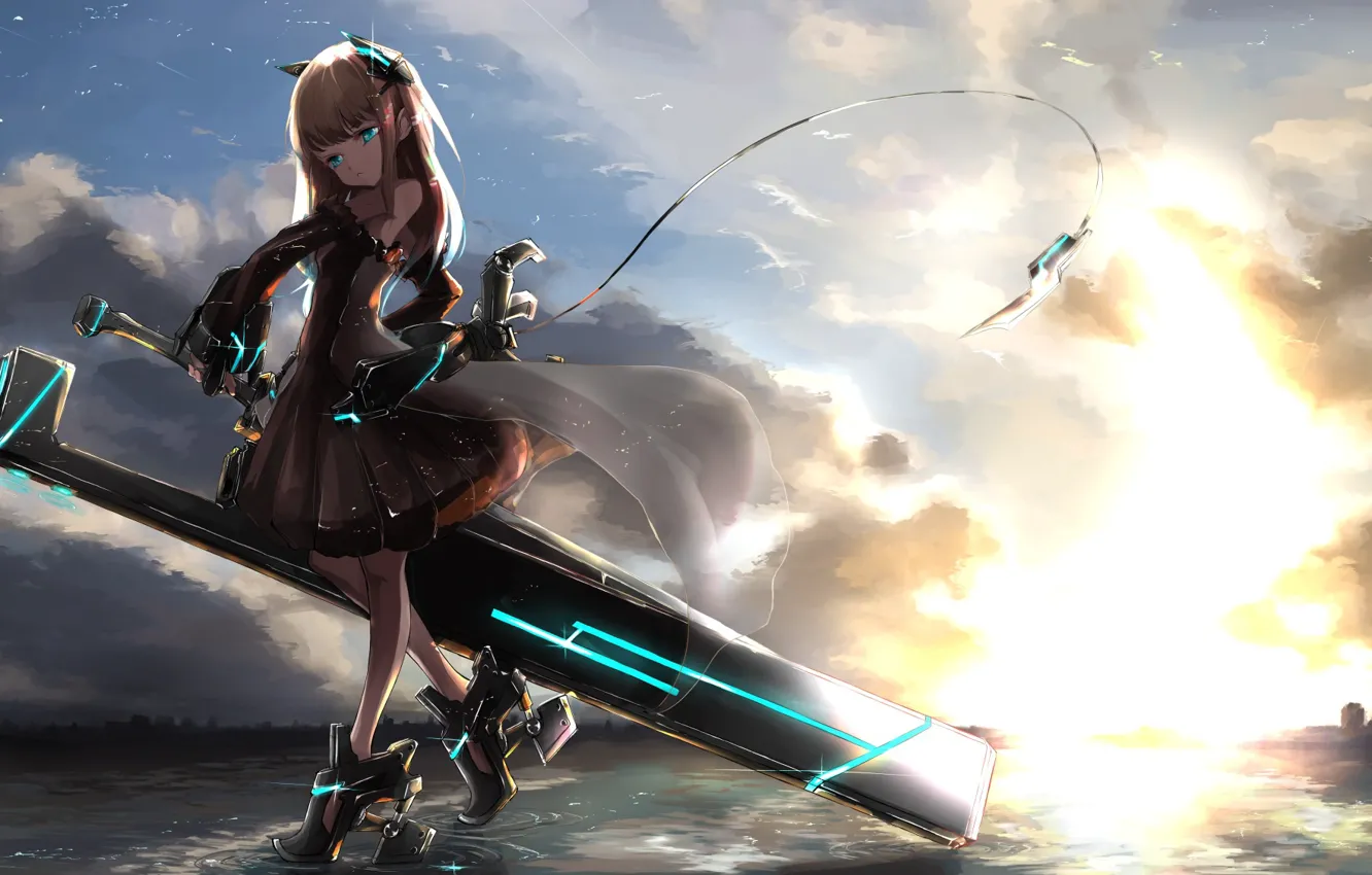 Photo wallpaper girl, sunset, weapons, anime, art