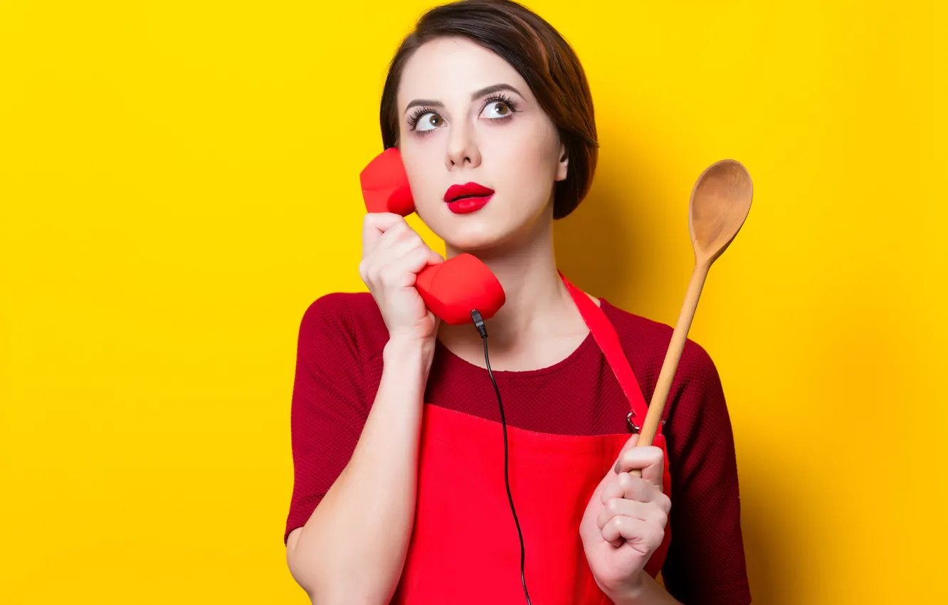 Photo wallpaper girl, yellow, background, wire, tube, makeup, hairstyle, spoon