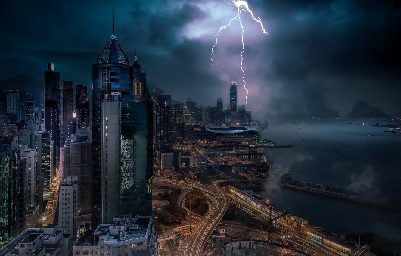 Photo wallpaper the storm, lightning, building, road, home, Hong Kong, Bay, night city