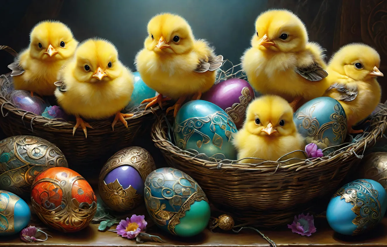 Photo wallpaper holiday, chickens, eggs, Easter, Chicks, painted, AI art, neural network