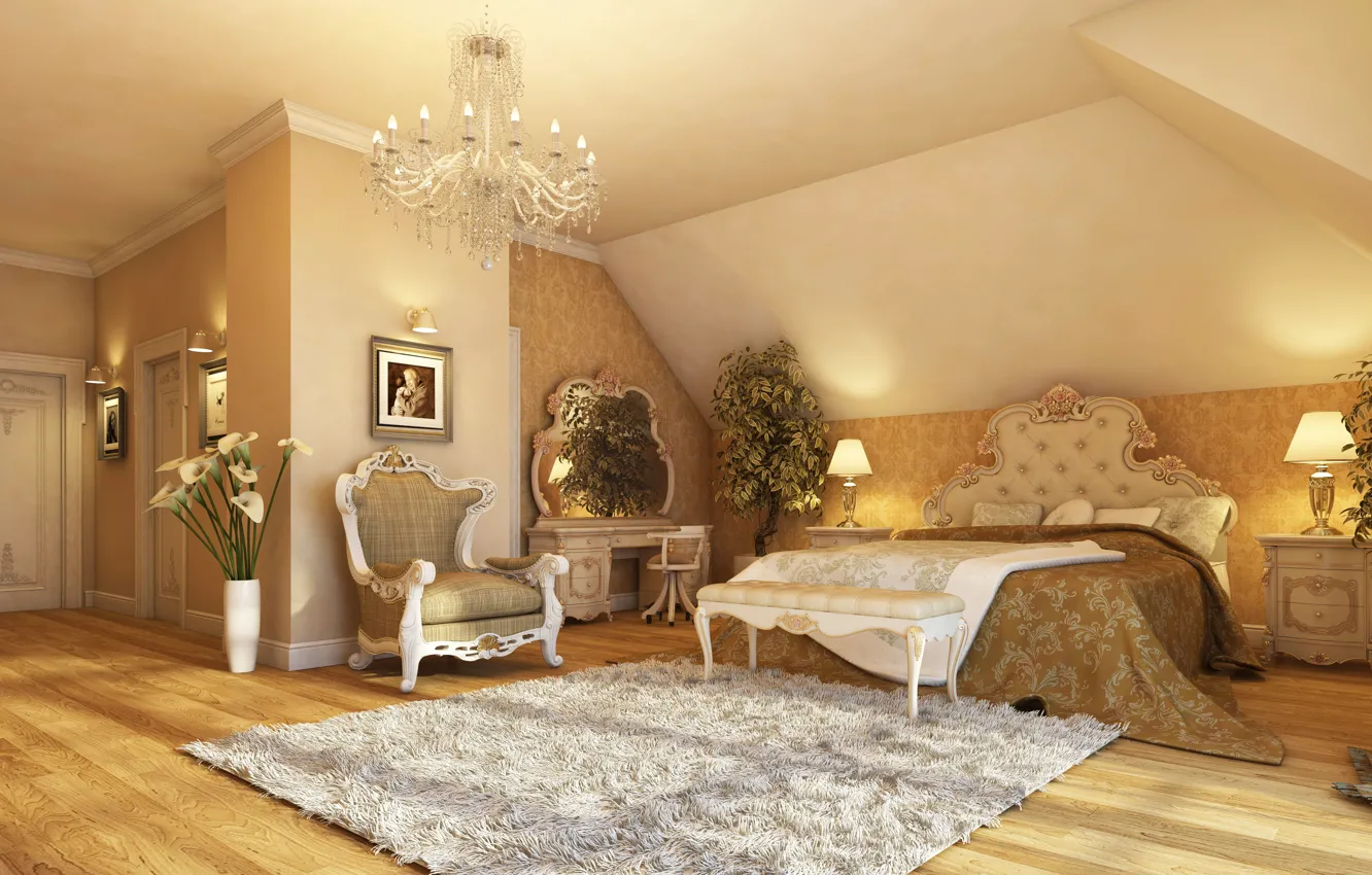 Photo wallpaper light, lamp, room, interior, chair, mirror, flooring, chandelier