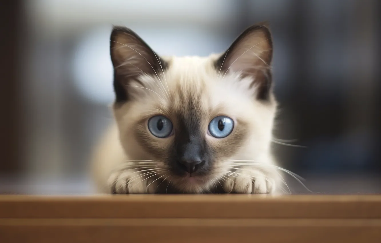 Photo wallpaper cat, look, pose, table, portrait, legs, kitty, blue eyes