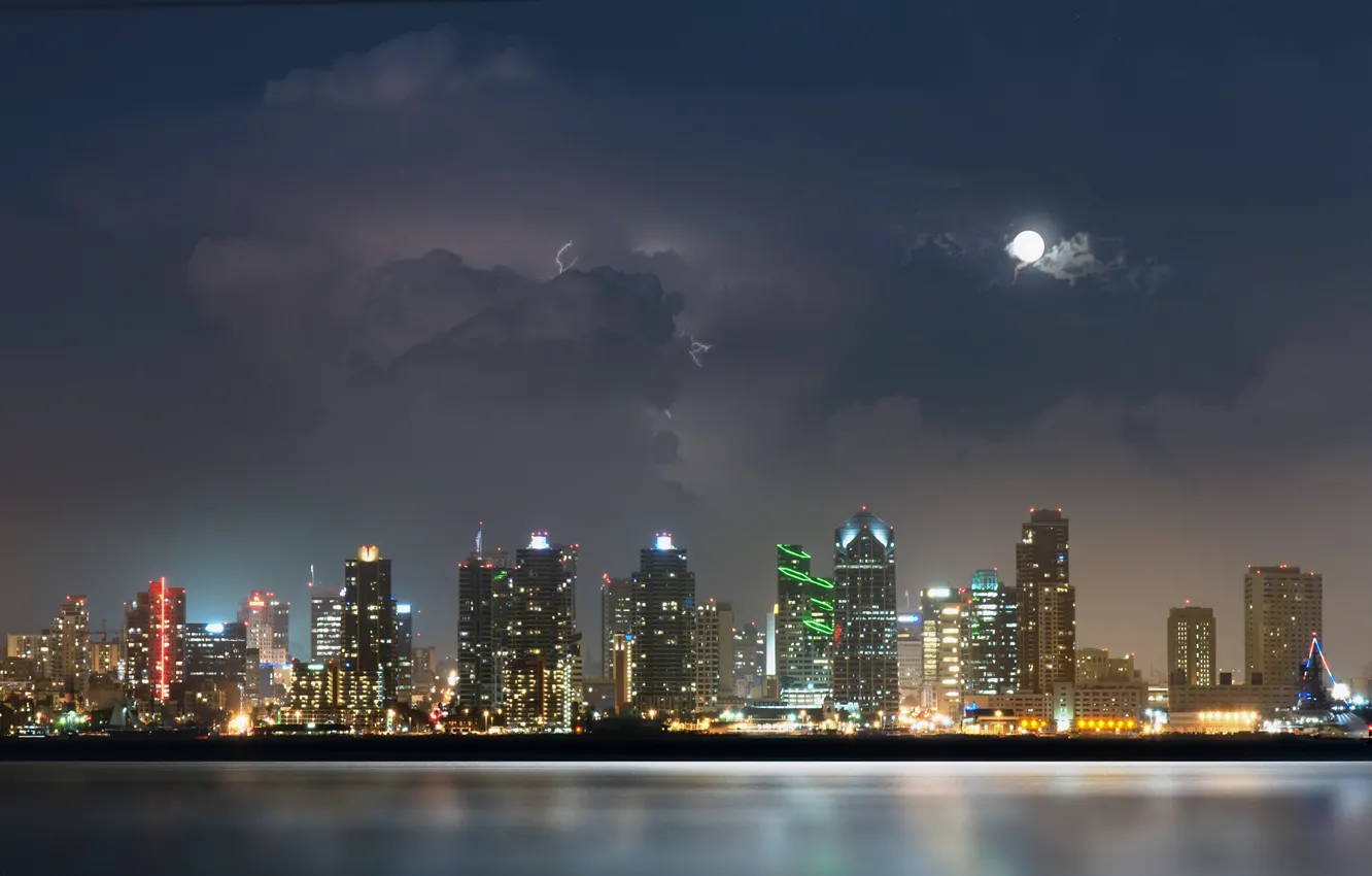 Photo wallpaper the storm, water, night, clouds, the city, lights, river, the moon