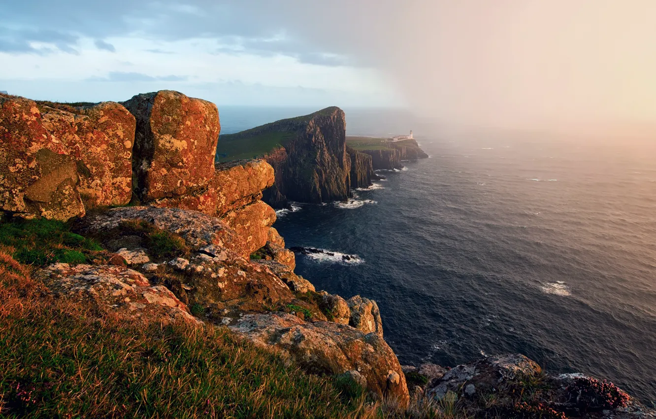 Photo wallpaper sea, light, rocks, lighthouse, cyclone, Britain, Scotland, on the edge