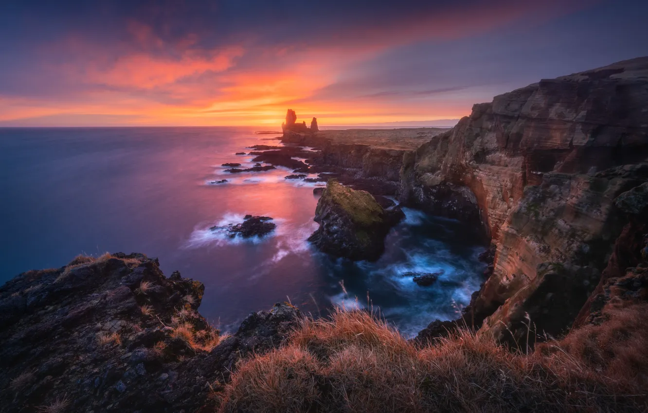 Photo wallpaper sunset, the ocean, rocks, coast, Iceland, Iceland, The Atlantic ocean, Snæfellsnes Peninsula