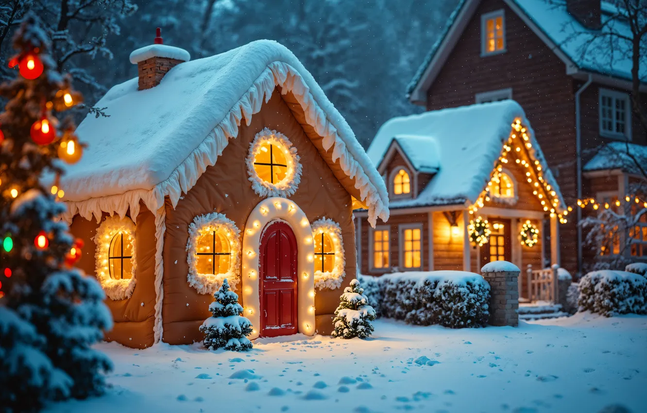 Photo wallpaper snow, decoration, night, lights, tree, new year, home, Christmas