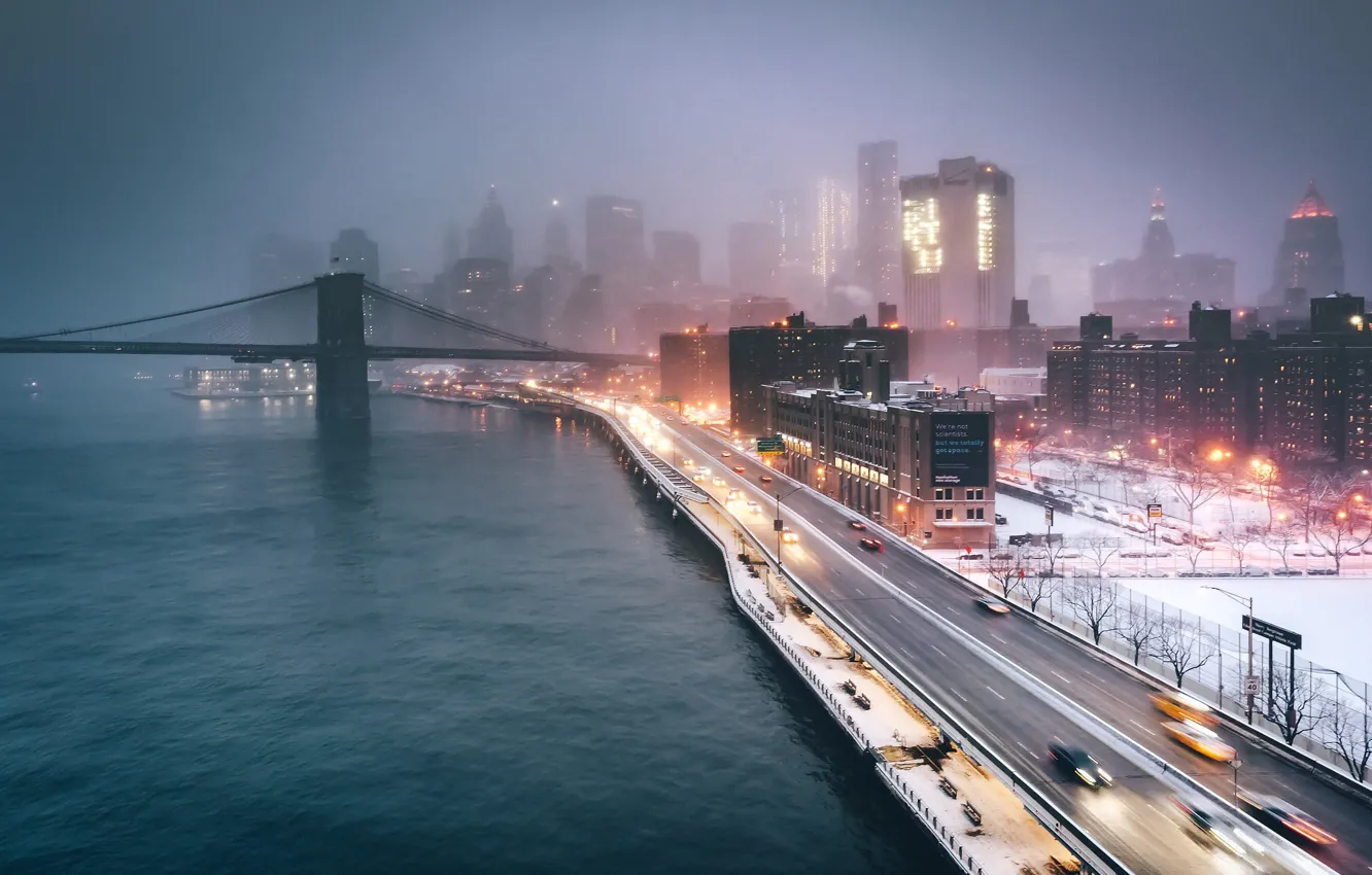 Photo wallpaper night, bridge, the city, lights, fog, the evening, USA, New York