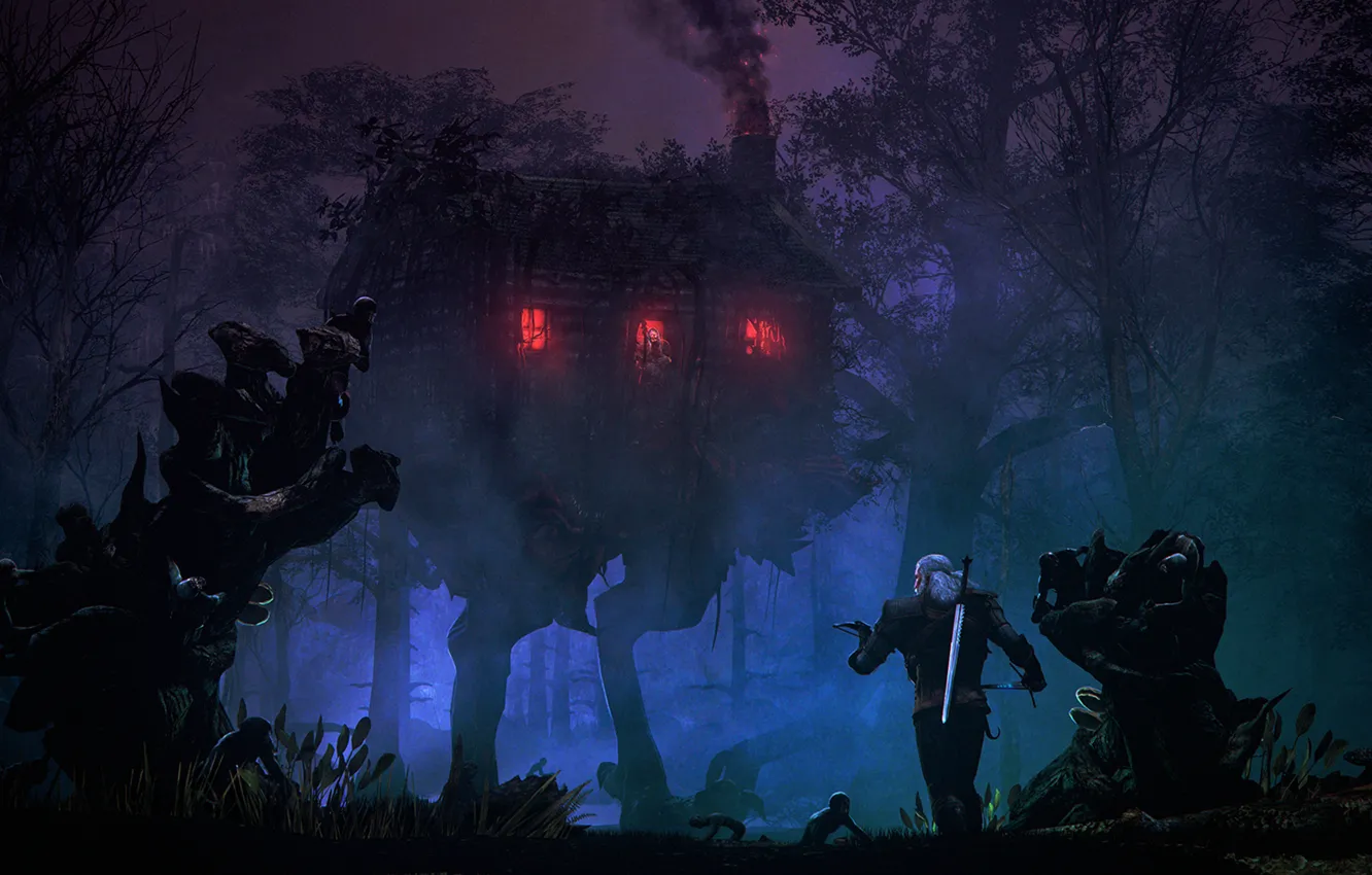 Photo wallpaper forest, trees, night, house, tale, geralt, fan art, The Witcher 3: Wild Hunt