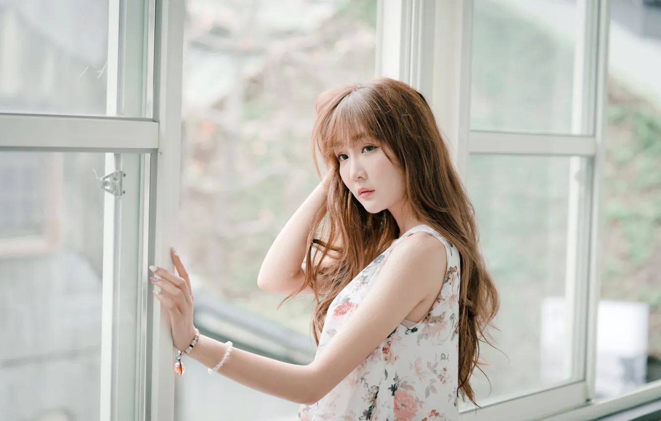 Photo wallpaper girl, Asian, cutie, window