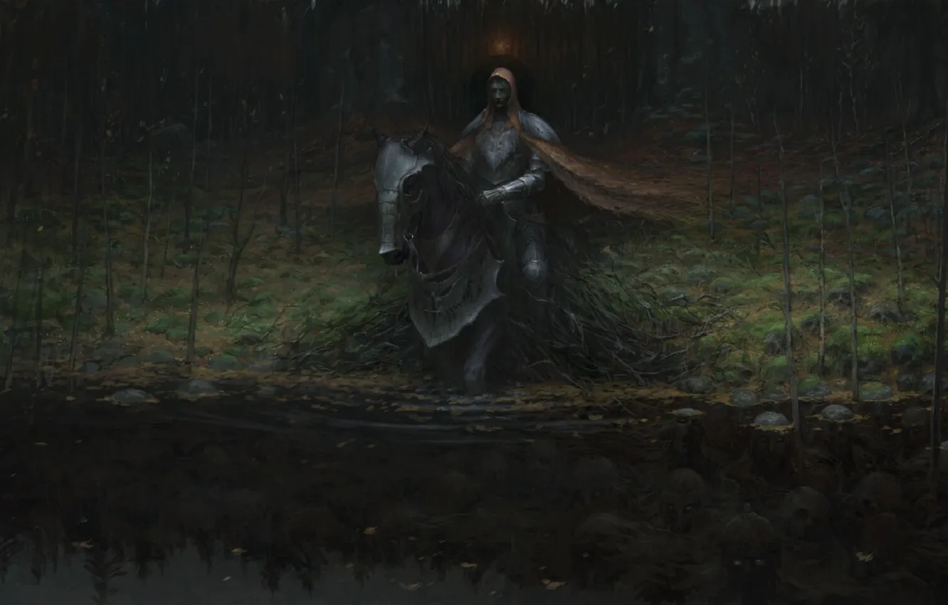 Photo wallpaper death, skull, swamp, undead, king of the dead, damn place, gloomy atmosphere, black horse