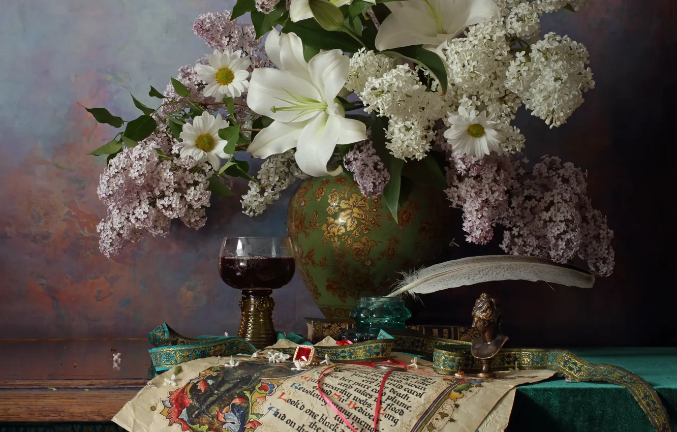 Photo wallpaper flowers, branches, pen, Lily, glass, vase, still life, lilac