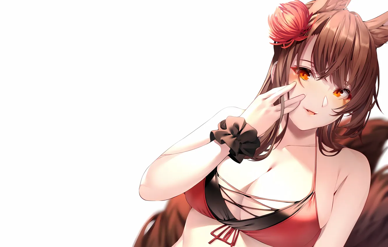 Photo wallpaper girl, sexy, cleavage, flower, long hair, brown hair, boobs, animal ears