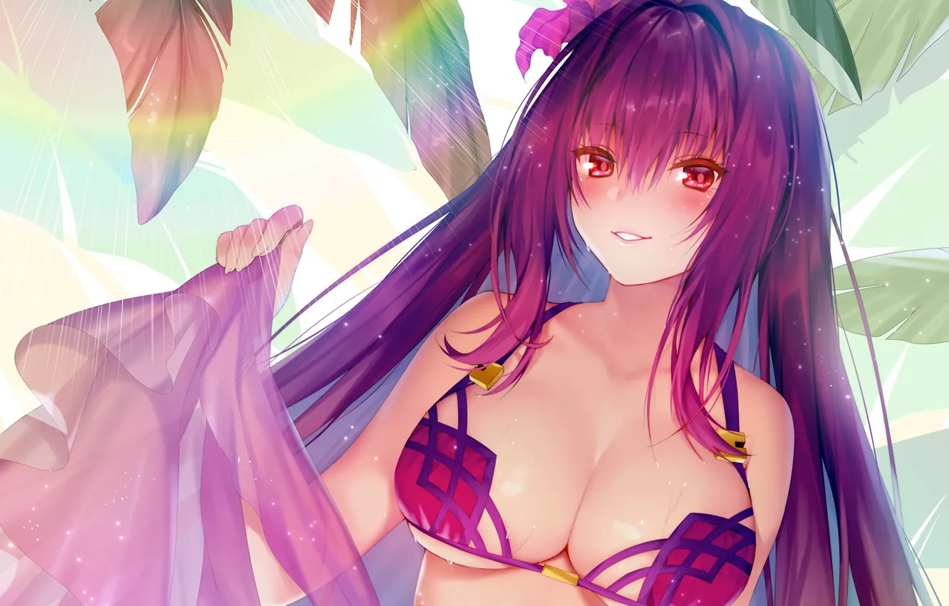 Photo wallpaper girl, sexy, cleavage, rain, long hair, boobs, anime, beautiful