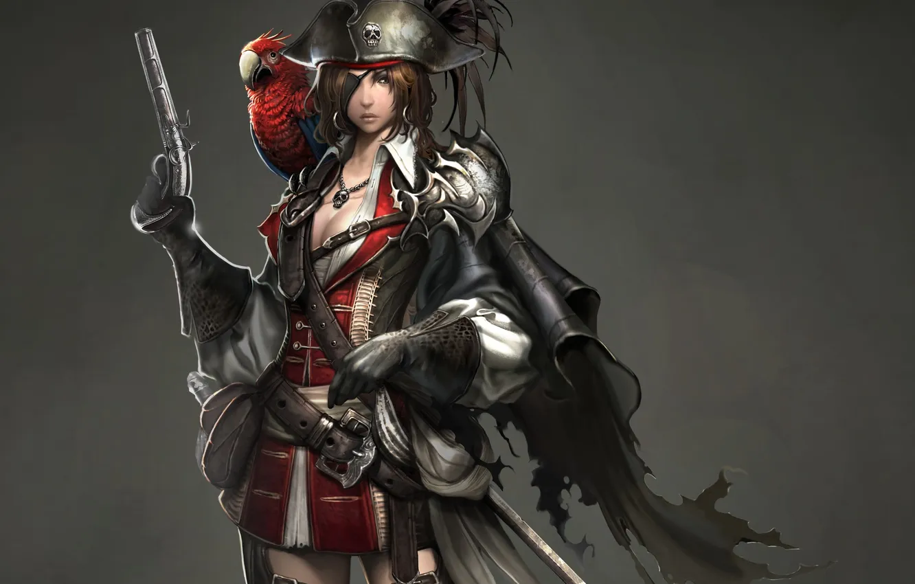Photo wallpaper girl, art, parrot, cloak, revolver, pirates, Atlantica Online