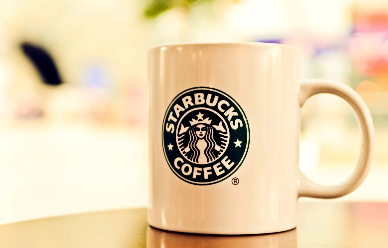 Photo wallpaper table, background, blur, Cup, white, Starbucks Coffee